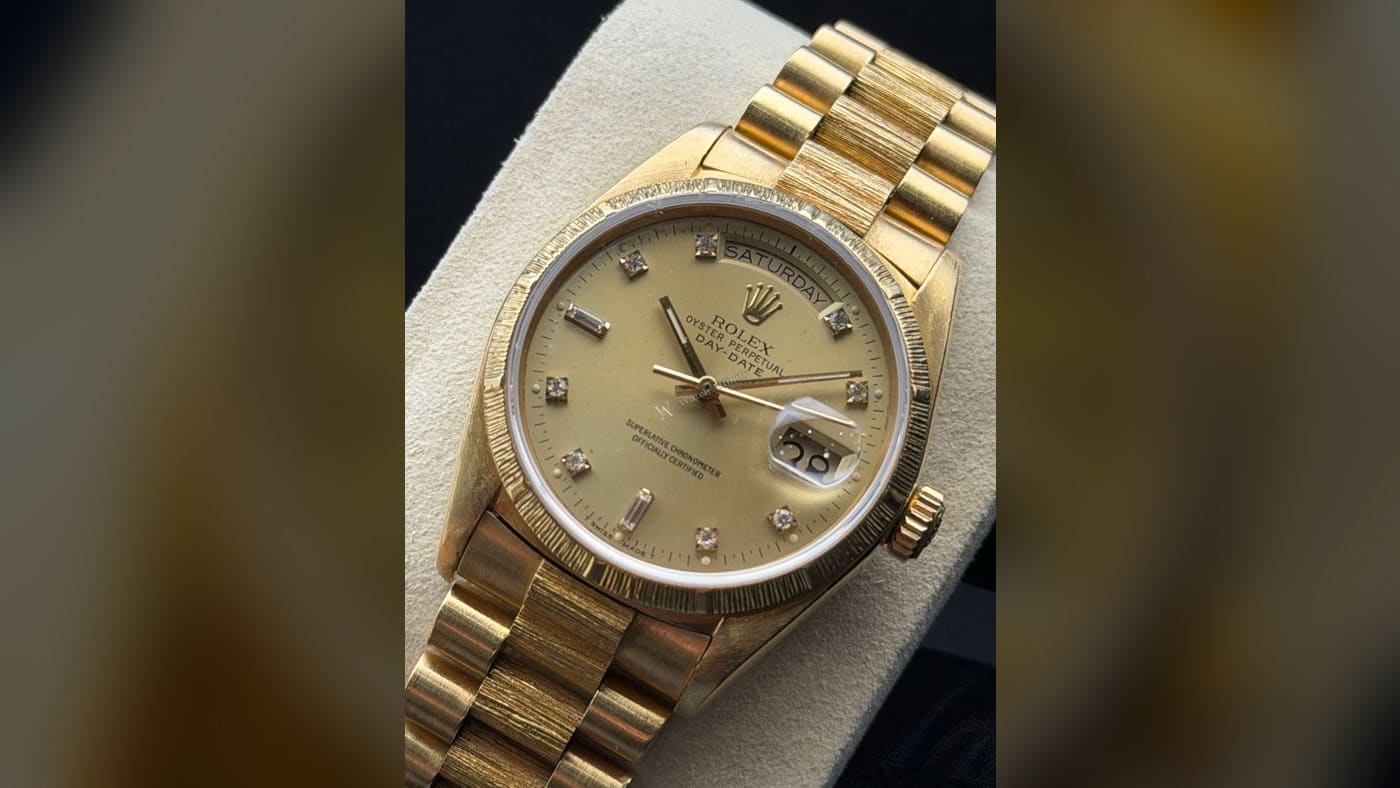 Rolex Day-Date 36 Yellow Gold Bark Finish 18078, photographed at Watch Affinity in San Antonio