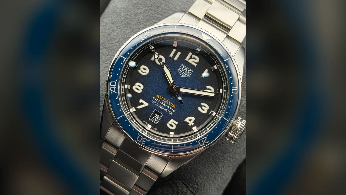 TAG Heuer Autavia Calibre 5 COSC Chronometer Smoky WBE5116.EB0173, photographed at Watch Affinity in San Antonio