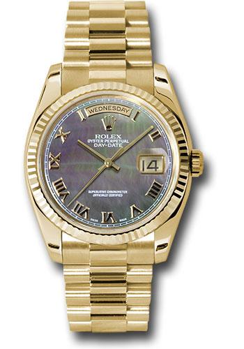 Rolex Yellow Gold Day-Date 36 Watch - Fluted Bezel - Dark Mother-Of-Pearl Roman Dial - President Bracelet - 118238 dkmrp