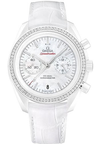 Omega Speedmaster Moonwatch Co-Axial Chronograph White Side of the Moon Watch - 44.25 mm White Ceramic Case - Diamond-Set Ceramic Bezel - Mother-Of-Pearl Dial - White Leather Strap - 311.98.44.51.55.001