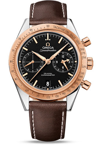 Omega Speedmaster '57 Omega Co-Axial Chronograph Watch - 41.5 mm Steel Case - Brushed Red Gold Bezel - Black Dial - Brown Leather Strap - 331.22.42.51.01.001