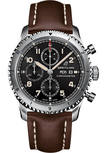 Breitling Aviator 8 Chronograph 43 Watch - Stainless Steel - Black Dial - Brown Calfskin Leather Strap - Tang Buckle - A13316101B1X3