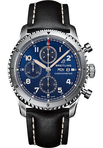 Breitling Aviator 8 Chronograph 43 Watch - Stainless Steel - Blue Dial - Black Calfskin Leather Strap - Tang Buckle - A13316101C1X1