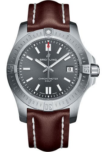 Breitling Chronomat Colt Automatic 41 Watch - Steel Case - Tempest Gray Dial - Brown Leather Strap - A17313101F1X2