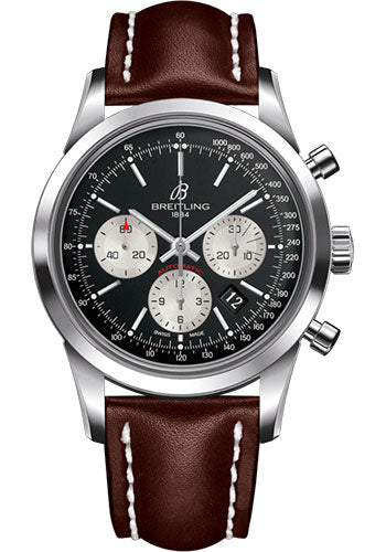 Breitling Transocean Chronograph Watch - Steel - Black Dial - Brown Leather Strap - Tang Buckle - AB015212/BF26/437X/A20BA.1