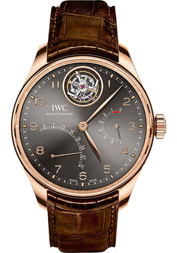 IWC Portugieser Tourbillon Mystere Retrograde Watch - 44.2 mm Red Gold Case - Ardoise Dial - Dark Brown Alligator Strap - IW504602