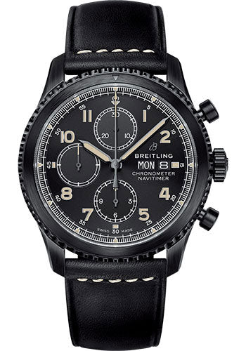 Breitling Aviator 8 Chronograph 43 Watch - Black Steel Case - Black Dial - Black Leather Strap - M13314101B1X1