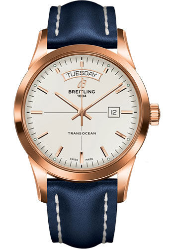 Breitling Transocean Day & Date Watch - 18k Red Gold - Mercury Silver Dial - Blue Leather Strap - Folding Buckle - R4531012/G752/112X/R20D.1