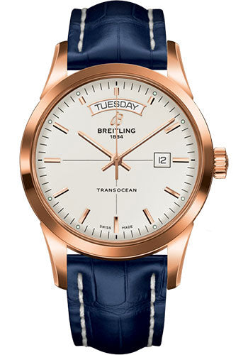 Breitling Transocean Day & Date Watch - 18k Red Gold - Mercury Silver Dial - Blue Croco Strap - Tang Buckle - R4531012/G752/731P/R20BA.1