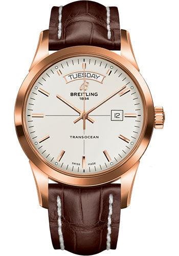 Breitling Transocean Day & Date Watch - 18k Red Gold - Mercury Silver Dial - Brown Croco Strap - Tang Buckle - R45310121G1P1