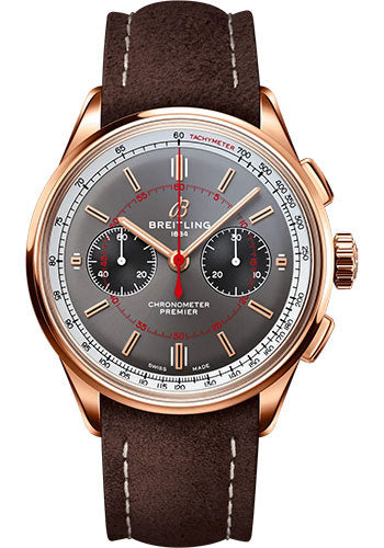 Breitling Premier B01 Chronograph 42 Wheels and Waves Limited Edition Watch - 18K Red Gold - Anthracite Dial - Brown Calfskin Leather Strap - Tang Buckle Limited Edition of 100 - RB0118A31B1X1