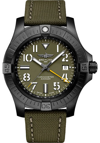 Breitling Avenger Automatic GMT 45 Night Mission Limited Edition Watch - DLC-Coated Titanium - Green Dial - Khaki Green Calfskin Leather Strap - Tang Buckle Limited Edition of 2000 - V323952A1L1X1