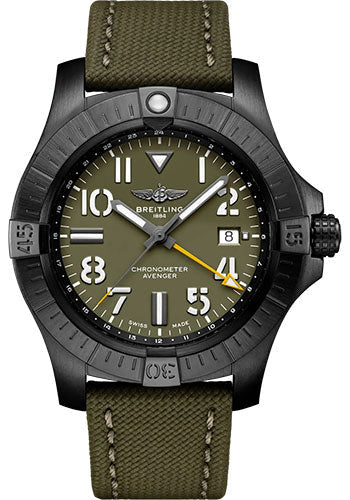 Breitling Avenger Automatic GMT 45 Night Mission Limited Edition Watch - DLC-Coated Titanium - Green Dial - Khaki Green Calfskin Leather Strap - Folding Buckle Limited Edition of 2000 - V323952A1L1X2