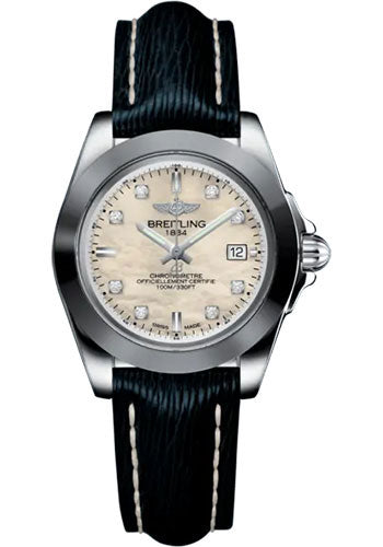 Breitling Galactic 32 Sleek Watch - Steel and Tungsten - Mother-Of-Pearl Dial - Blue Calfskin Leather Strap - Tang Buckle - W71330121A1X1