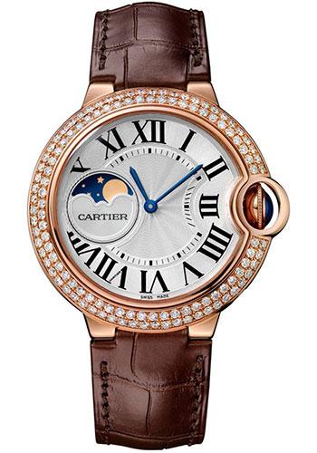 Cartier Ballon Bleu de Cartier Moonphase Watch - 37 mm Pink Gold Case - Diamond Paved Bezel - Silver Dial - Brown Alligatgor Strap - WJBB0027