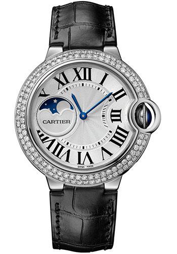 Cartier Ballon Bleu de Cartier Moonphase Watch - 37 mm White Gold Case - Diamond Paved Bezel - Silver Dial - Black Alligatgor Strap - WJBB0028