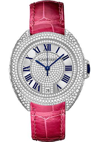 Cartier Cle De Cartier Watch - 35 mm White Gold Diamond Case - Diamond Bezel - Silver Diamond Dial - Fuchsia Pink Alligator Strap - WJCL0018