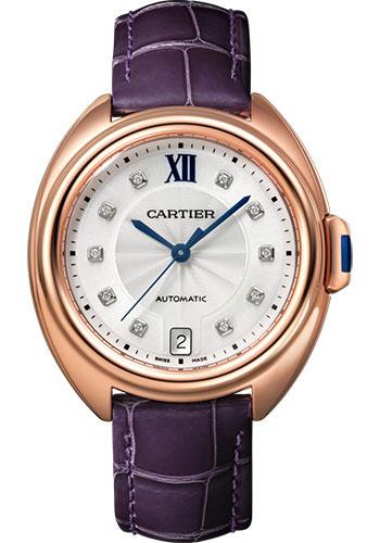 Cartier Cle de Cartier Watch - 35 mm Pink Gold Case - Silvered Flinque Diamond Dial - Aubergine Alligator Strap - WJCL0032