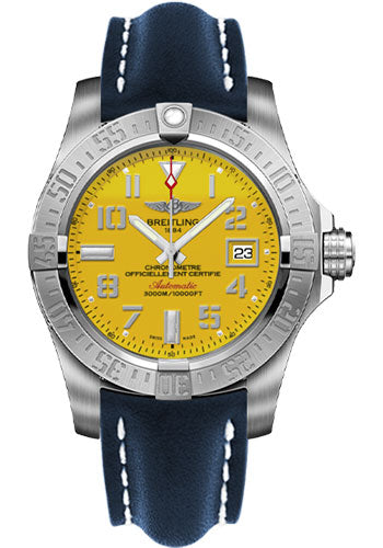 Breitling Avenger II Seawolf Watch - 45mm Steel Case - Cobra Yellow Dial - Blue Leather Strap - A1733110/I519/105X/A20BASA.1