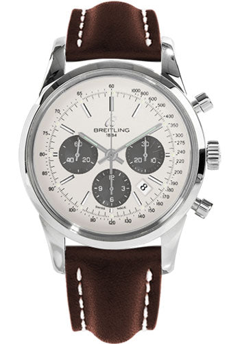 Breitling Transocean 01 Chronograph Watch - 43mm Steel Case - Mercury Silver Dial - Brown Leather Strap - AB015212/G724/438X/A20D.1