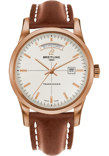 Breitling Transocean Day & Date Watch - 43mm Red Gold Case - Mercury Silver Dial - Gold Leather Strap - R4531012/G752/434X/R20D.1